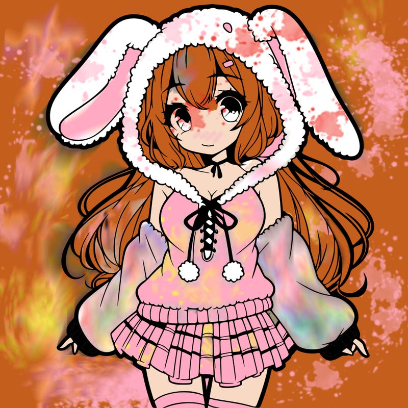 pretty anime girl wearing a fluffy hoodie with bunny ears on the hood and a skirt