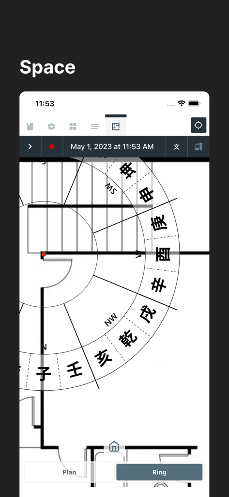 sp8cetime - Digital Luo Pan compass overlay on a floor plan in the sp8cetime app