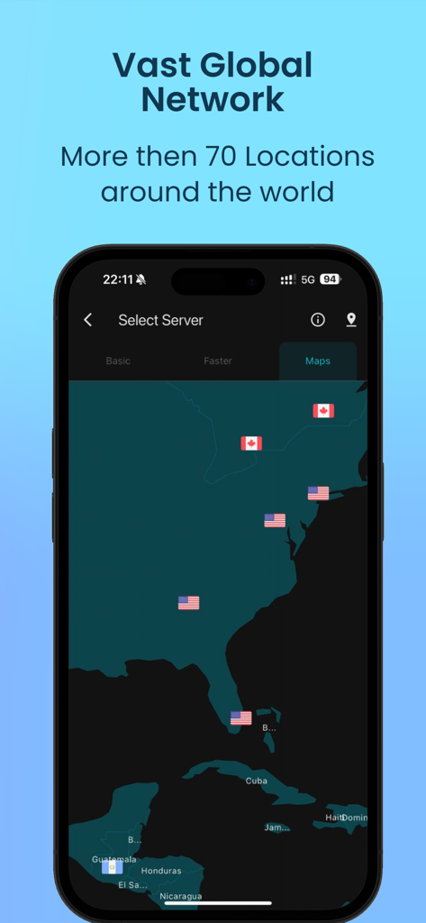 Interface do aplicativo Thunder Pro VPN exibindo um mapa com locais de servidores globais na América do Norte