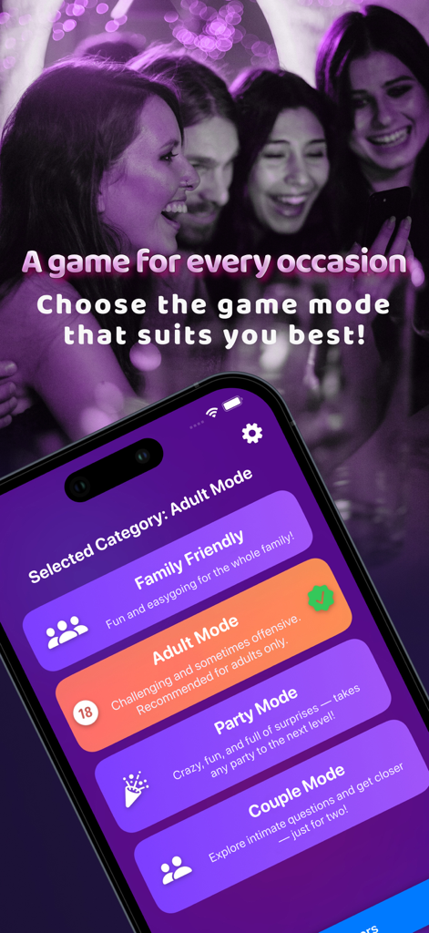 Truth or Dare 1000+ - Pantalla de la aplicación móvil Verdad o Reto mostrando diferentes modos de juego, incluyendo Familiar, Adultos y Fiesta