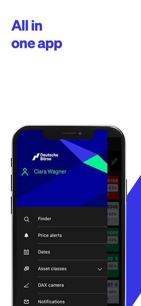 Deutsche Börse - A smartphone showing the Deutsche Borse app menu with features like price alerts and DAX camera