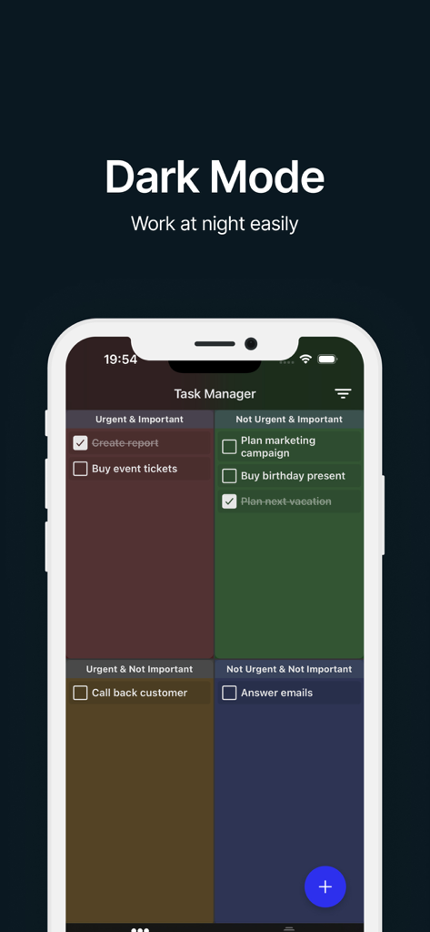 Matrix Manager - Task Manager - Interfaz de la aplicación Matrix Manager en modo oscuro que muestra una Matriz de Eisenhower para la priorización de tareas.