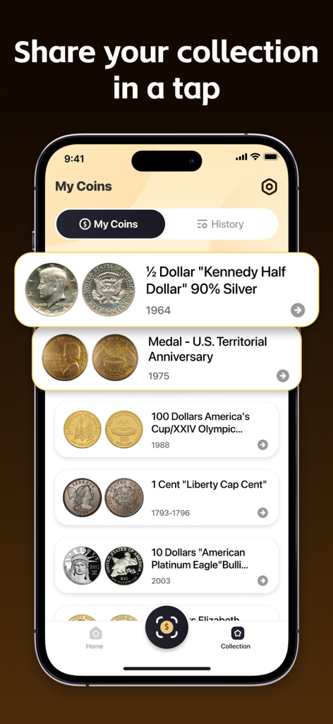 Coin Scanner & AI Identifier - Interface of the Coin Scanner app showing a digital collection of various rare coins