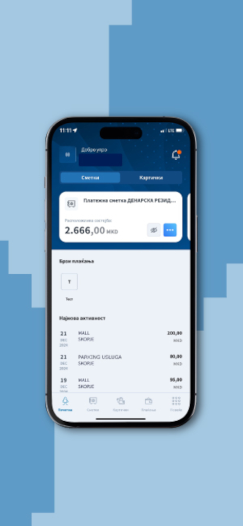 Halkbank Skopje mobile app dashboard showing account balance in MKD and recent transaction history on an iPhone.
