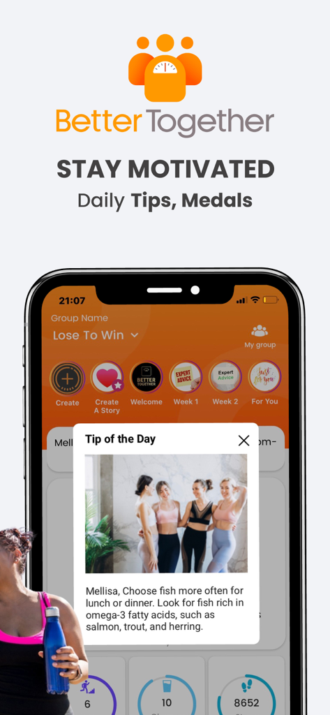 BetterTogether: Weight Loss - BetterTogether app interface displaying a daily health tip about healthy eating on a smartphone screen.