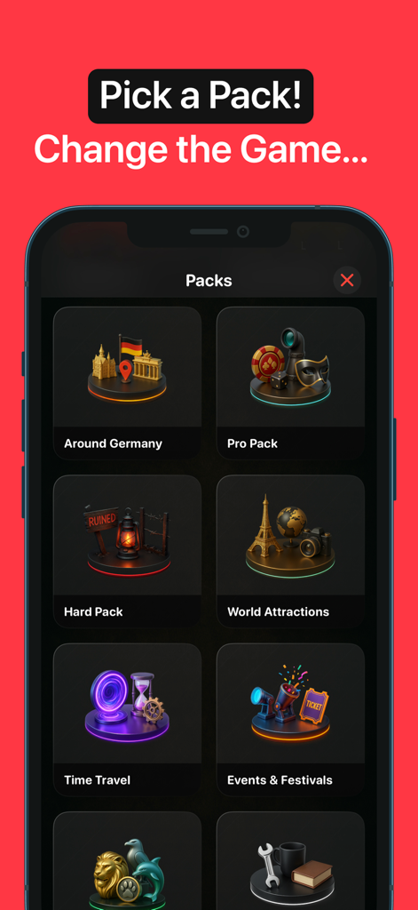 Imposter Spy Party Game - Smartphone screen displaying different themed packs for the Imposter Spy Party Game