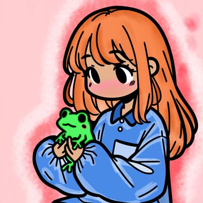 girl with long hair and a oversized shirt. and she is holding a frog