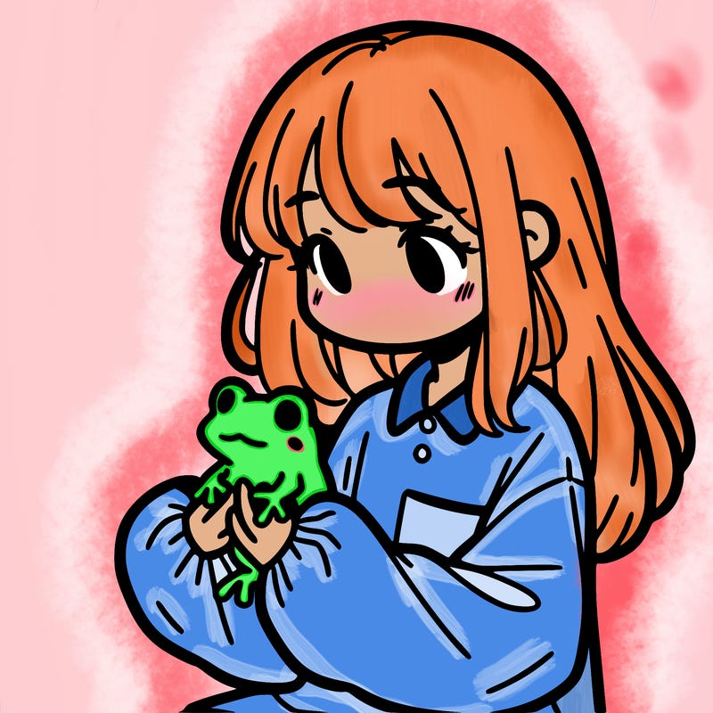 girl with long hair and a oversized shirt. and she is holding a frog