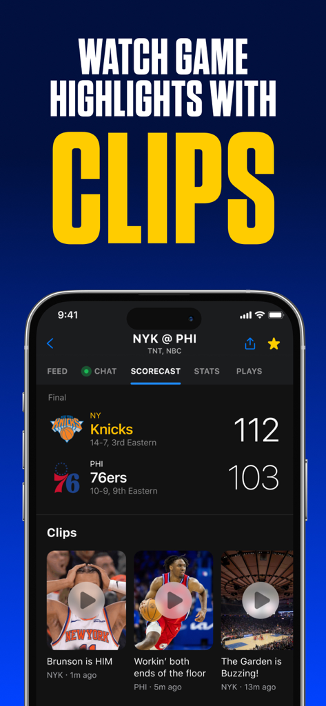 theScore: Sports News & Scores - theScore mobile app displaying live NBA scores and game highlight clips