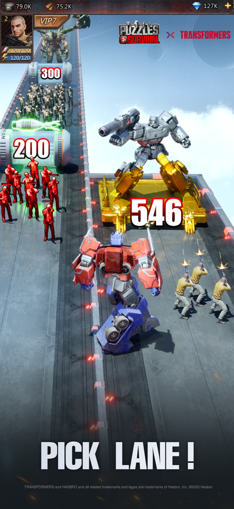 Puzzles & Survival - Optimus Prime facing Megatron in a Puzzles and Survival Transformers collaboration mini-game lane battle.