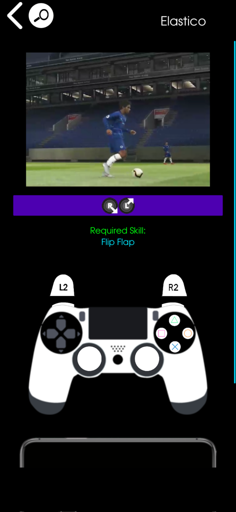 eFHUB 26 - eFHUB 26 app screenshot showing a tutorial for the Elastico skill move with controller inputs