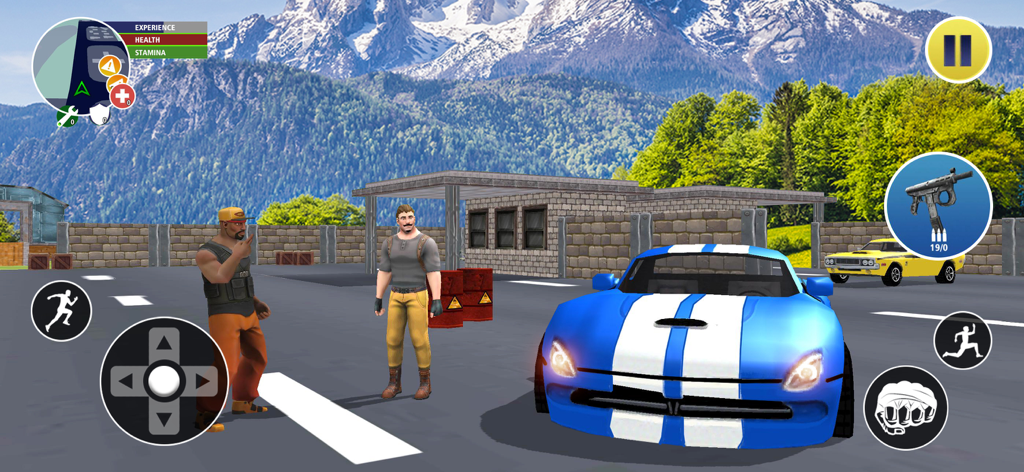 Real Gangster Vegas Mafia City - Characters standing near a blue sports car with mountains in the background of a 3D open world mobile game.