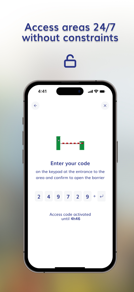 Smartphone screen from the Camping-Car Park app showing a 6-digit personal access code to open an entry barrier.
