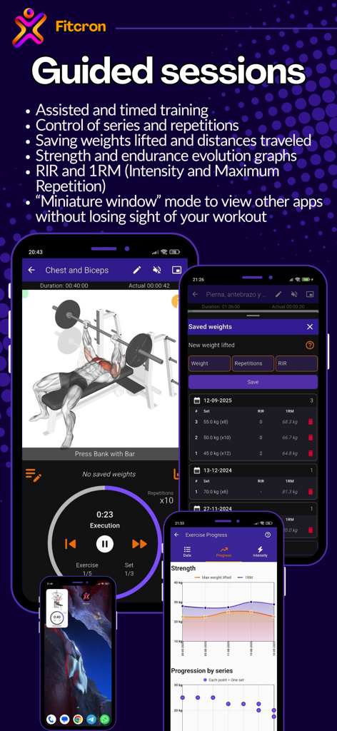 Fitcron App-Bildschirme mit geführten Trainingseinheiten und Graphen zur Verfolgung der Kraftentwicklung