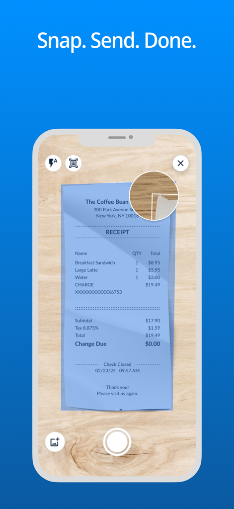Emburse Enterprise mobile app interface showing AI powered receipt auto-capture and cropping.