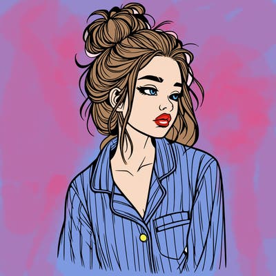 realistic woman with pajamas on and a messy bun