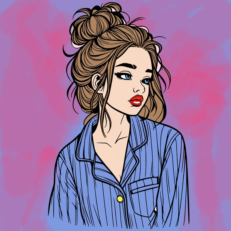 realistic woman with pajamas on and a messy bun