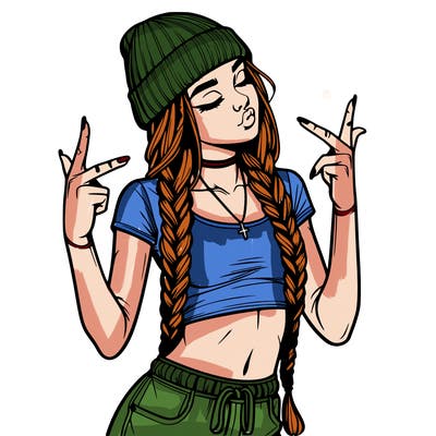 realistic teenage girl with braids and a beanie and crop top doing 🫶🏼