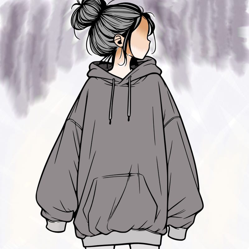 realistic girl with a oversized sweatshirt on and a bun