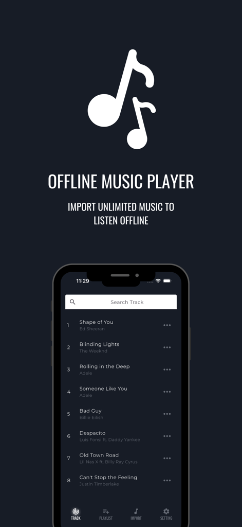 Offline Music Player - Play - Captura de pantalla de la interfaz de la aplicación Reproductor de Música Offline mostrando una lista de pistas y una barra de búsqueda en modo oscuro