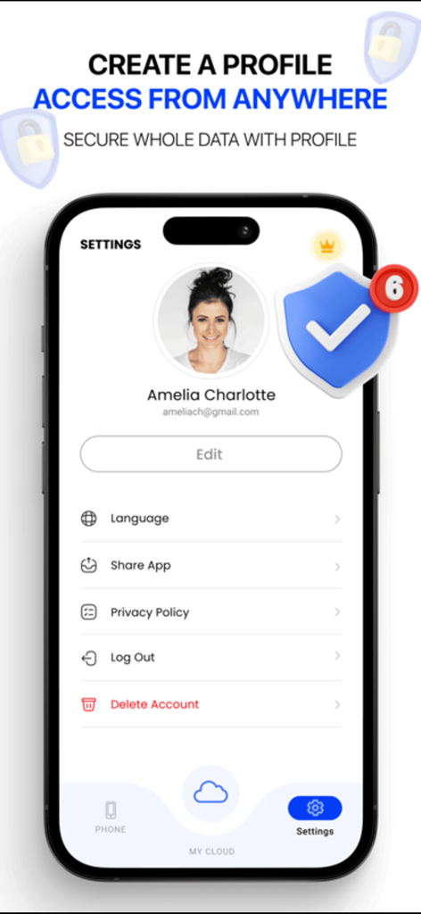 Cloud Storage app settings screen showing user profile information and account security options