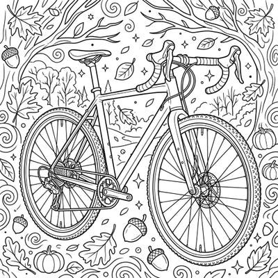 Embrace the crisp air and vibrant colors of autumn with this captivating cyclocross bike coloring page. It features a robust bike set against a backdrop of falling leaves, plump pumpkins, and scattered acorns, perfect for a relaxing fall activity.