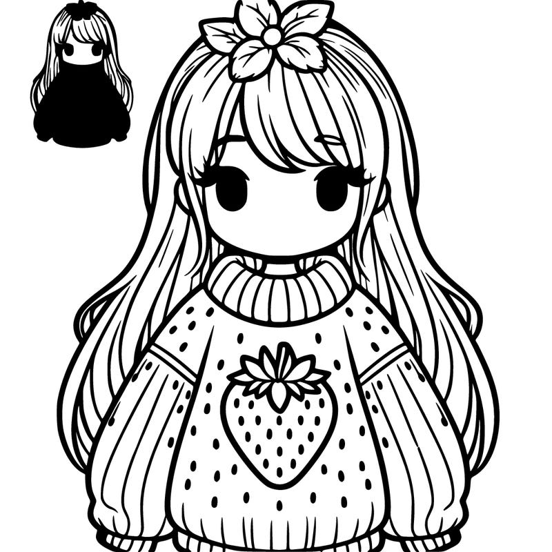 girl with long hair with a oversized strawberry aesthetic sweater