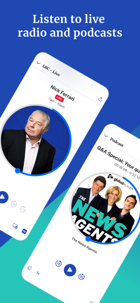 LBC: UK, World & Breaking News - LBCアプリのインターフェースには、ニック・フェラーリと『The News Agents』ポッドキャストが出演するライブラジオが表示されています