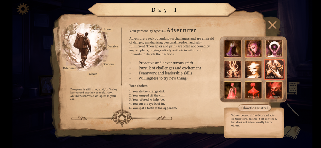 The Apocalypse Sacrifice - Una pantalla de resumen en The Apocalypse Sacrifice que muestra la personalidad del jugador como Aventurero y su alineación como Caótico Neutral