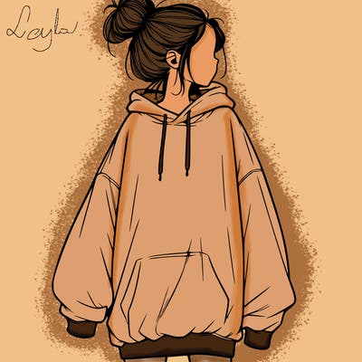 realistic girl with a oversized sweatshirt on and a bun