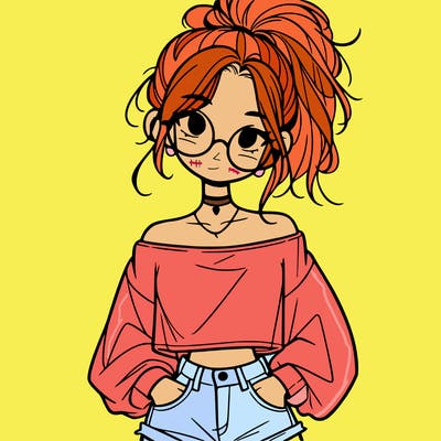 girl with a messy ponytail glasses a baggy crop top and jean shorts