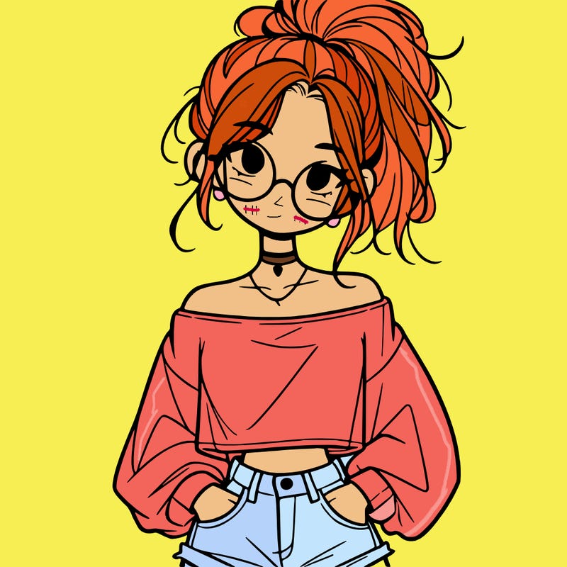 girl with a messy ponytail glasses a baggy crop top and jean shorts