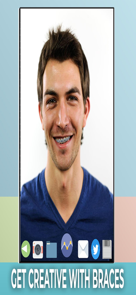 A smiling man with blue digital braces applied to his teeth using the Brace Yourself app.