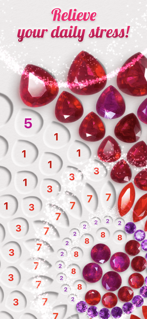 Color by number interface featuring sparkling ruby and sapphire gems on a white numbered grid with the text relieve your daily stress