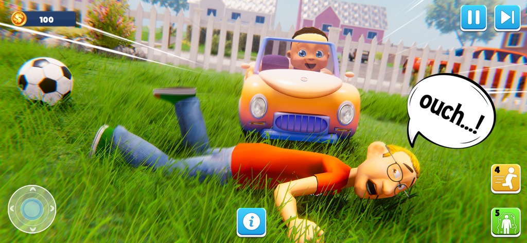 Hide And Seek: Find Daddy Game - A mischievous baby driving a toy car into daddy on a lawn in the Hide And Seek Find Daddy game