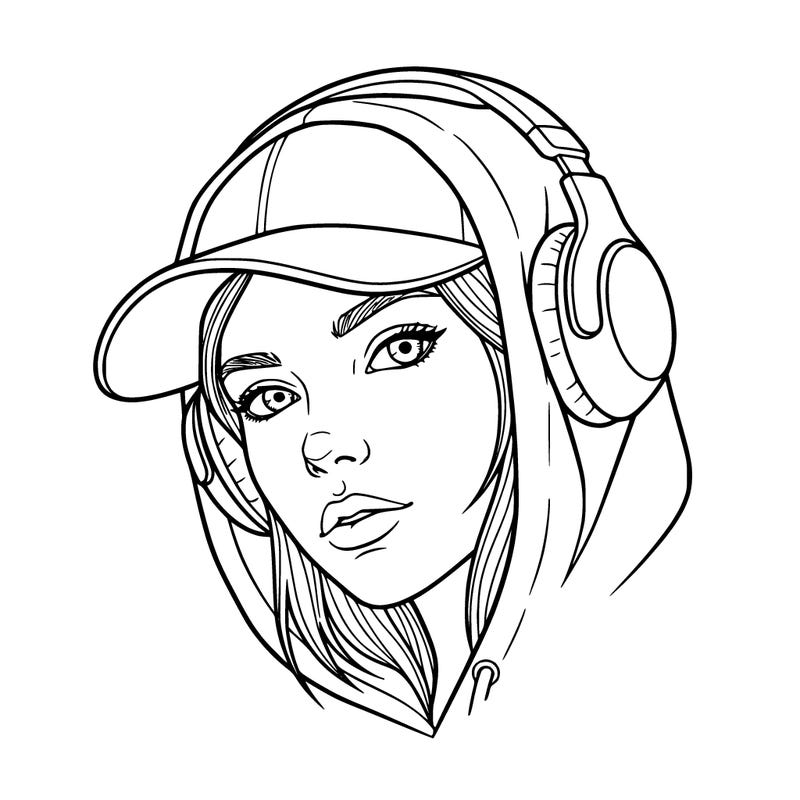 a cool girl face with cap and a hood over the cap with headphones