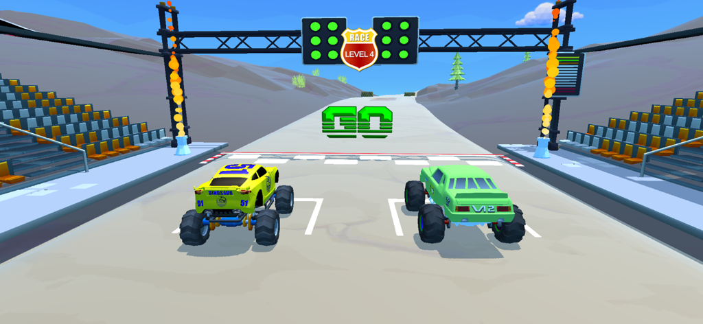 Super Monster Truck Racing - Two monster trucks at the starting line of a race with a large green GO sign.