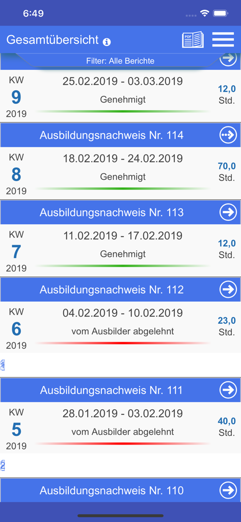 Azubiheft App - Übersicht über das digitale Ausbildungsprotokoll mit wöchentlichem Fortschritt und Genehmigungsstatus