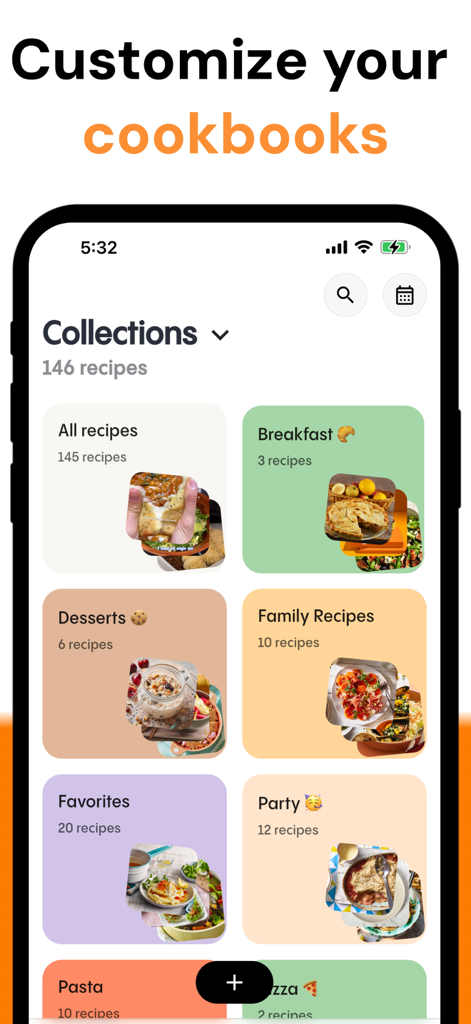 Reciply app screen showing organized recipe collections like Breakfast, Desserts, and Family Recipes.
