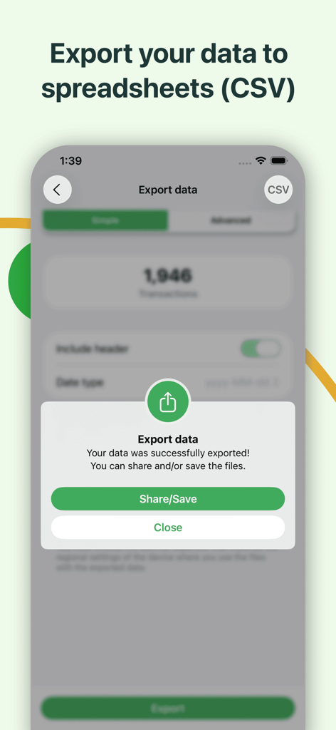 Budget App | Expense Tracker - Tela do aplicativo móvel mostrando a exportação bem-sucedida de dados financeiros para o formato CSV com opções de compartilhamento