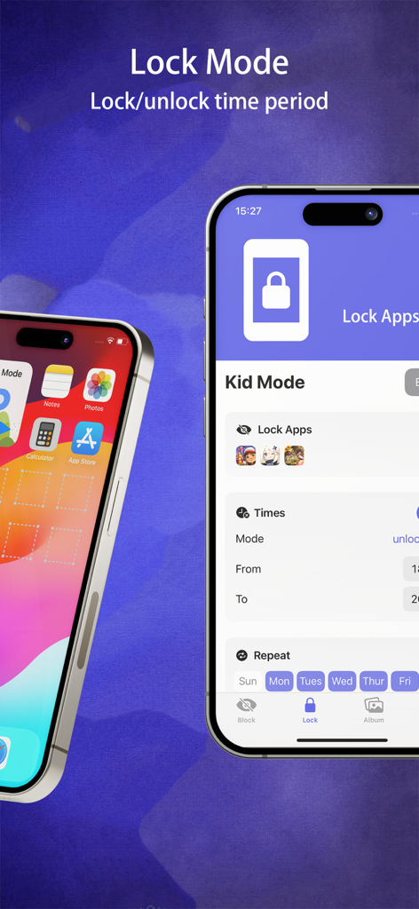 App Lock – Apps Blocker - iPhone-Bildschirm mit den Einstellungen für den Kindermodus in der App App Lock zur Planung von App-Sperren und zur elterlichen Kontrolle.