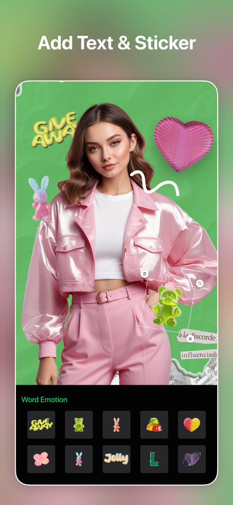 Snapix: Remove Objects Pro - Snapix app interface for adding creative stickers and text to a portrait photo