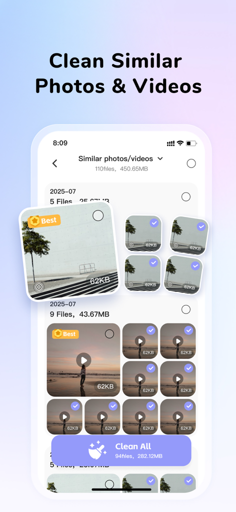 Interface of CleanEasy app showing smart recognition of similar photos and videos with a clean all button.