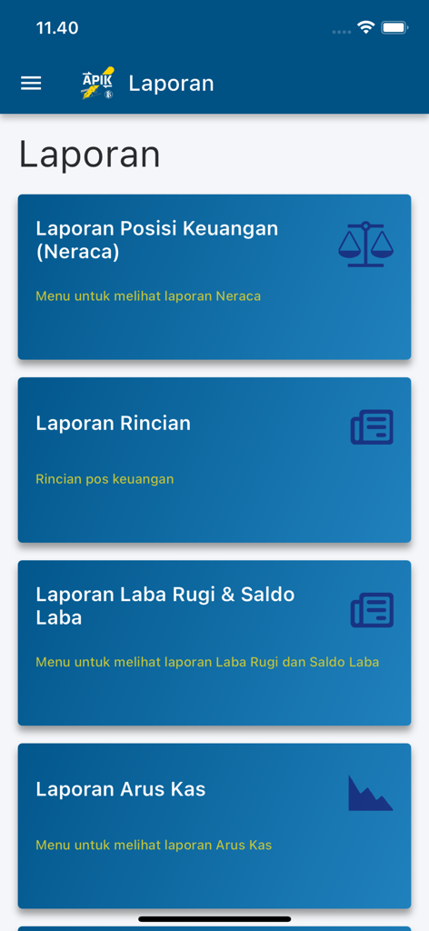 SIAPIK BI mobile app interface showing various financial reports options like balance sheet and cash flow statement