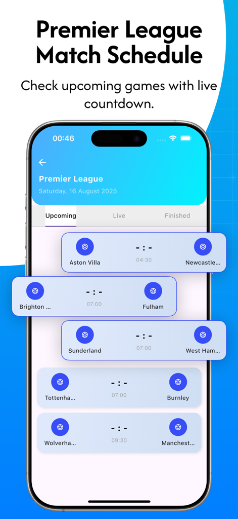 Score808: Football Live - Premier League match schedule interface on Score808 app displaying upcoming football matches and kickoff times