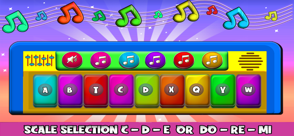Piano Music & Singing Games - Colorful kids piano keyboard interface with bright keys and musical notes background