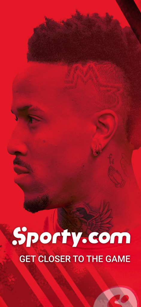 Sporty.com - A red tinted profile of a sports fan with tattoos and the Sporty.com logo