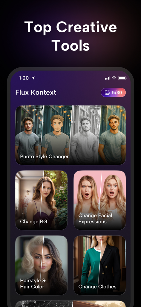 Flux Kontext app interface showing AI creative tools for changing photo styles backgrounds facial expressions and clothes