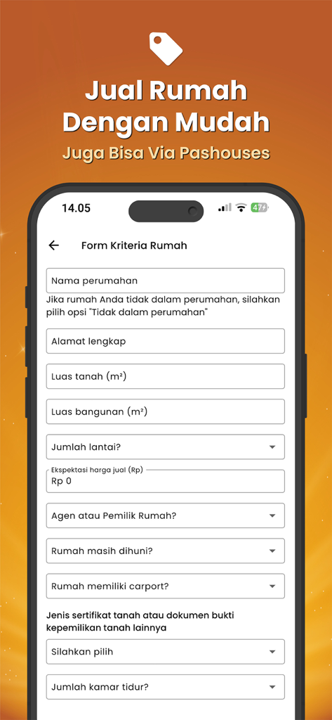 Pashouses: Rumah Siap Huni - A mobile screen showing a property listing form to sell a house on the Pashouses app.