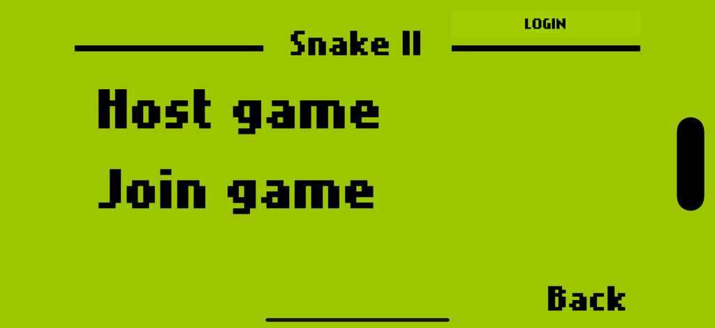 Retro green interface of Snake II multiplayer menu with host game and join game options